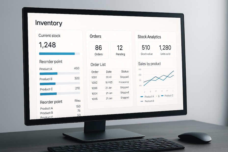 A professional dashboard showing e-commerce inventory levels, order tracking, and multichannel stock synchronization.