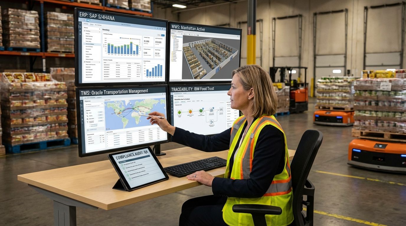 Supply chain manager reviewing WMS, TMS, ERP, and traceability software dashboard in a food warehouse