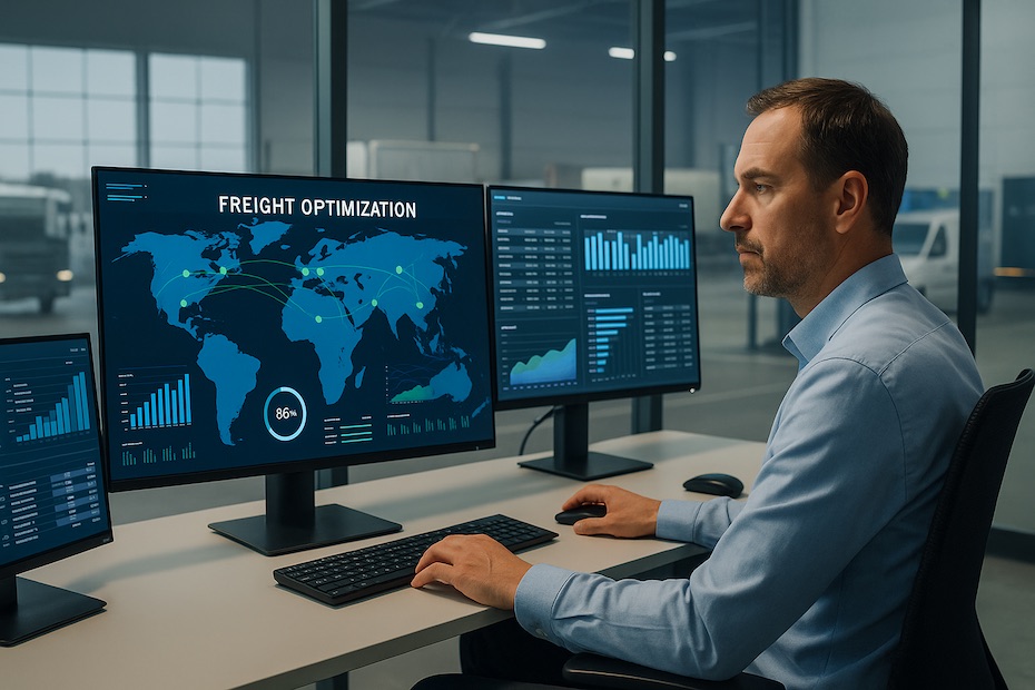 Logistics manager analyzing freight optimization dashboards in a modern transportation control center.