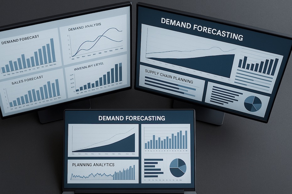 Top-down view of data screens showing forecasting charts, demand curves, and planning analytics used in supply chain forecasting.