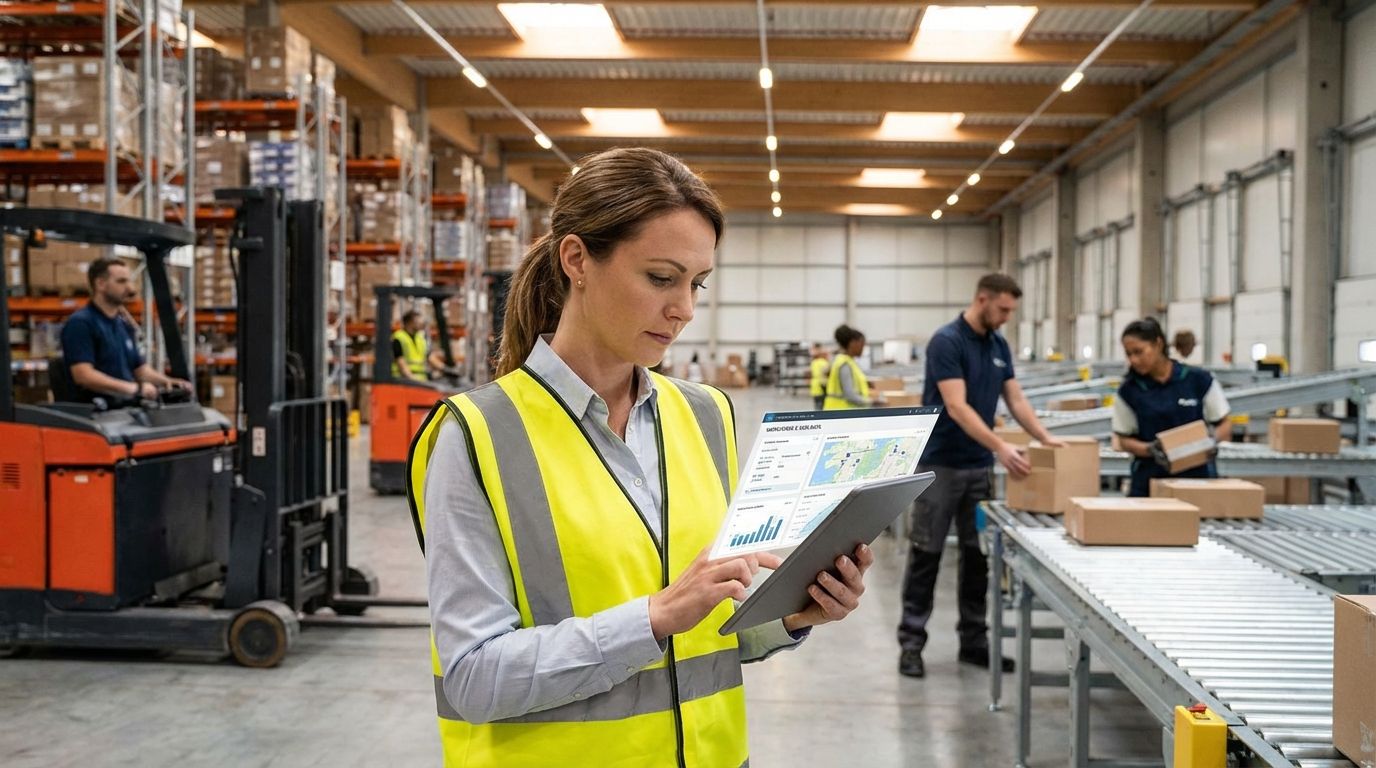 Logistics supervisor using a tablet on a warehouse floor with team members coordinating tasks in the background