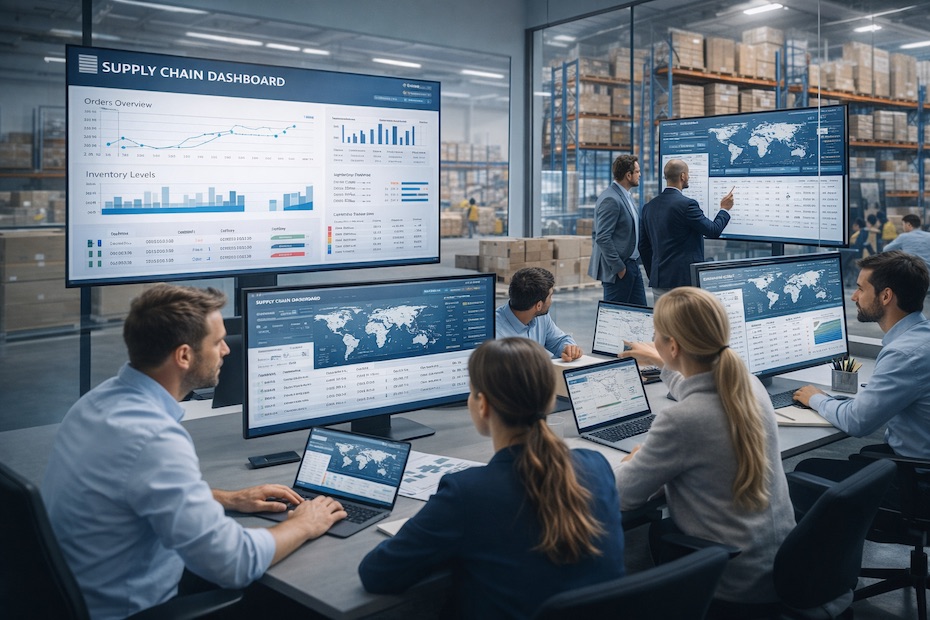 Supply chain professionals using collaboration software dashboards to coordinate logistics operations