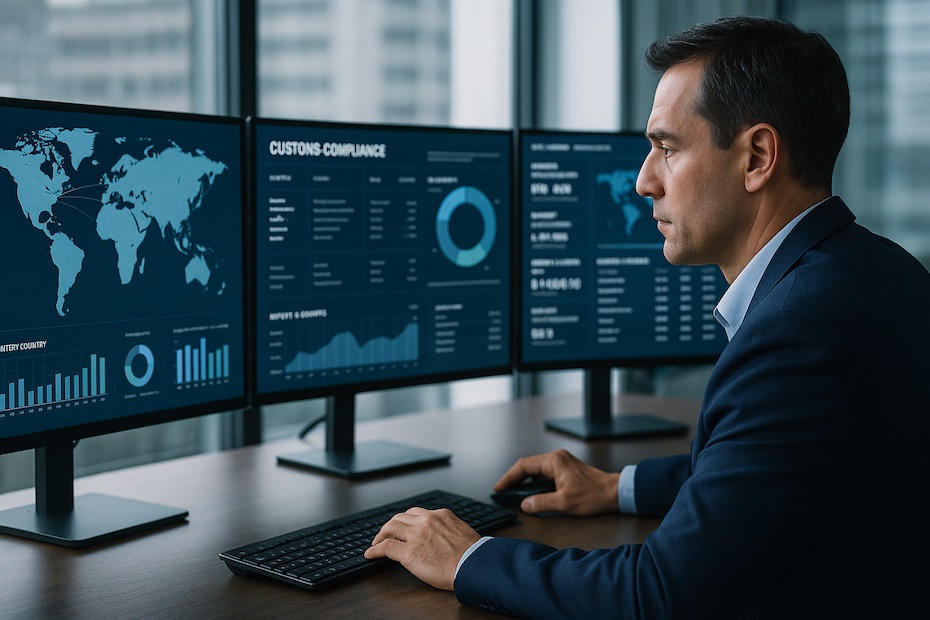 International trade expert reviewing global customs compliance data on digital dashboards in a logistics office.