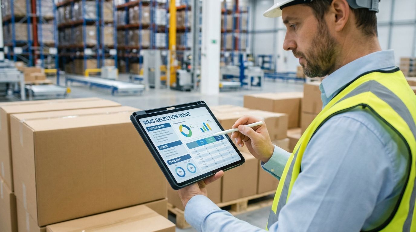Warehouse manager reviewing a WMS selection checklist on a tablet beside shelves and pallets
