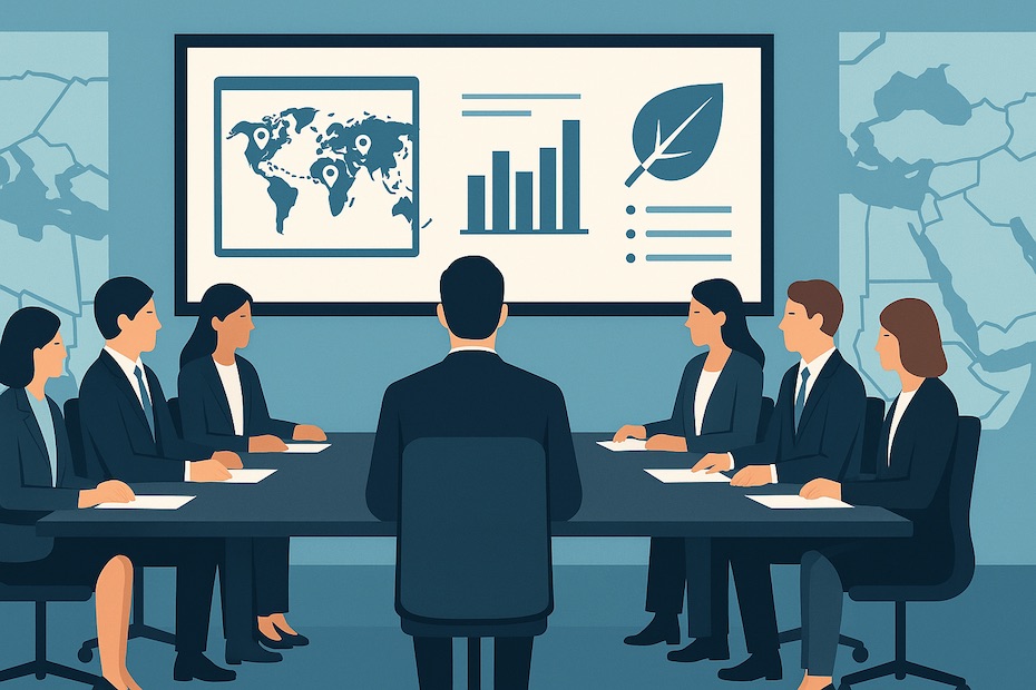 Executives in a modern boardroom reviewing supply chain strategies with global logistics dashboards.