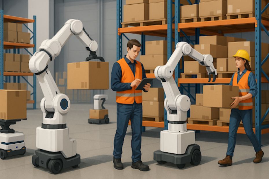 Robots and cobots working alongside people in a modern warehouse