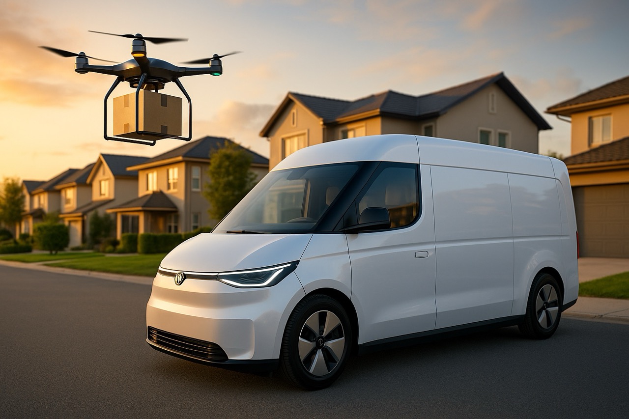 Drone and driverless delivery truck transporting packages in an urban neighborhood