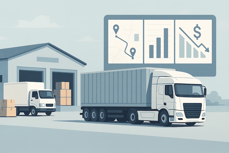 Trucks, warehouses, and digital dashboards showing logistics routes, cost analysis, and efficiency metrics.