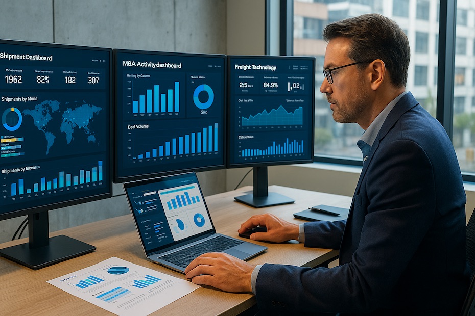 Logistics professional reviewing integrated dashboards of freight operations and digital systems