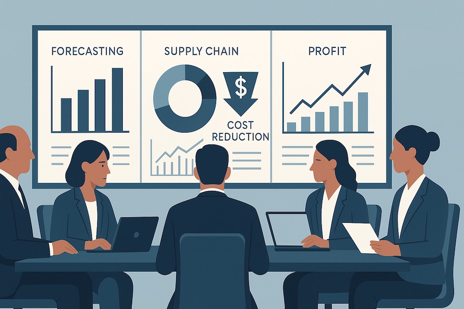 Executives in a boardroom reviewing digital dashboards linking supply chain data to profitability.