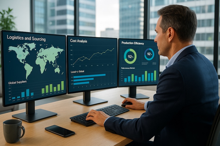 Supply chain director analyzing global and local sourcing data across multi-screen dashboards in a bright, modern office