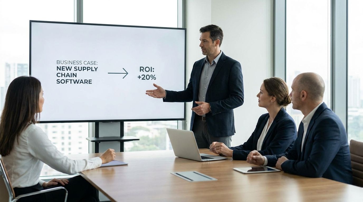 Supply chain manager presenting a business case for new supply chain software to executives in a conference room
