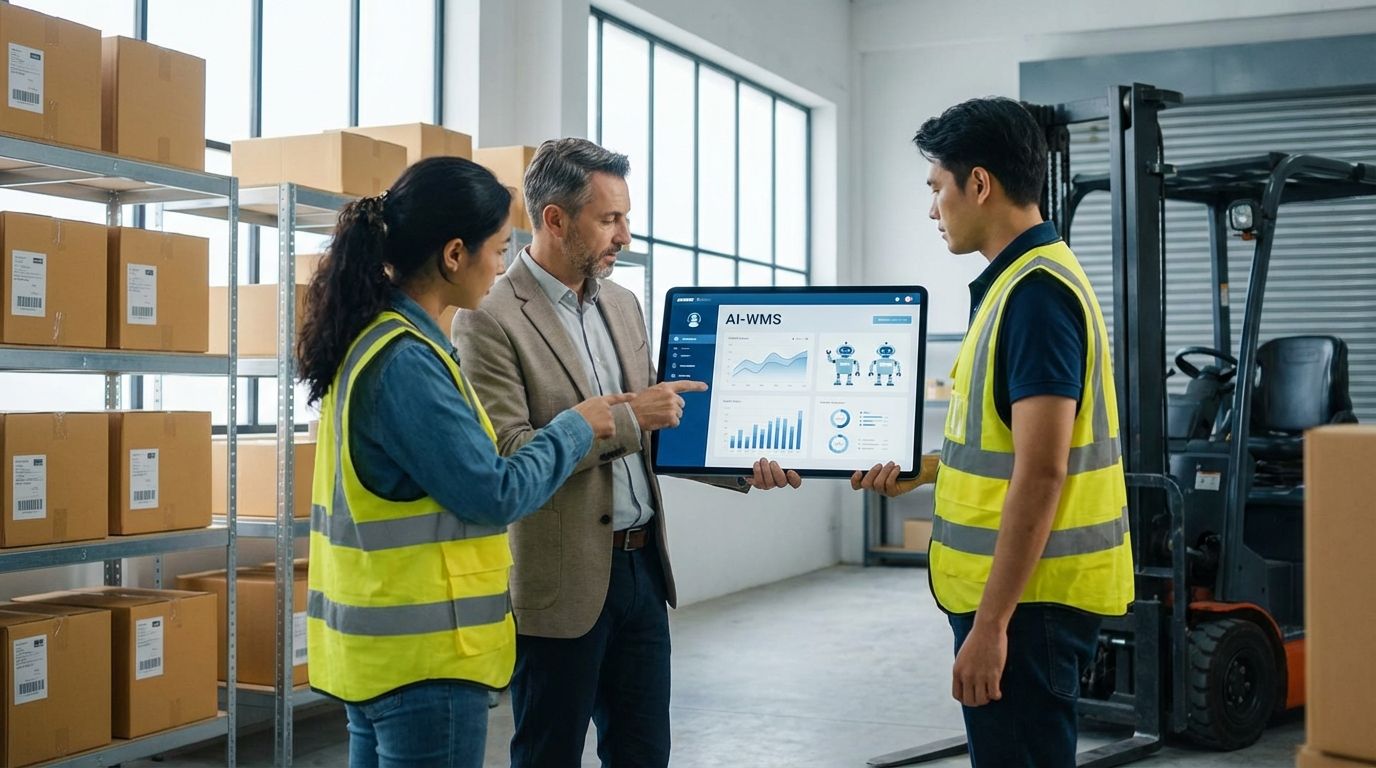 Warehouse manager and staff using handheld scanners while reviewing an AI-powered WMS rollout in an existing warehouse