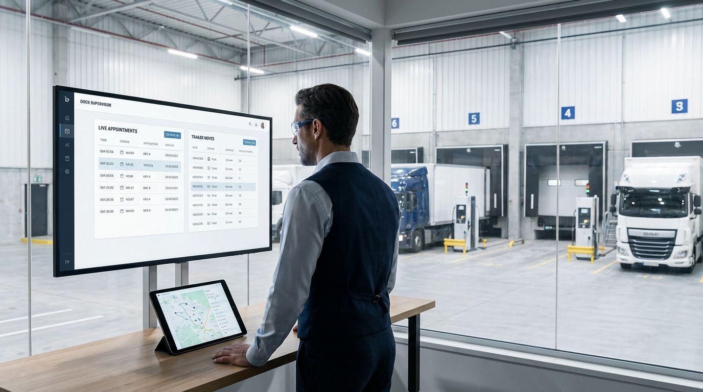 Warehouse dock supervisor checking a yard management dashboard while trucks queue at loading bays