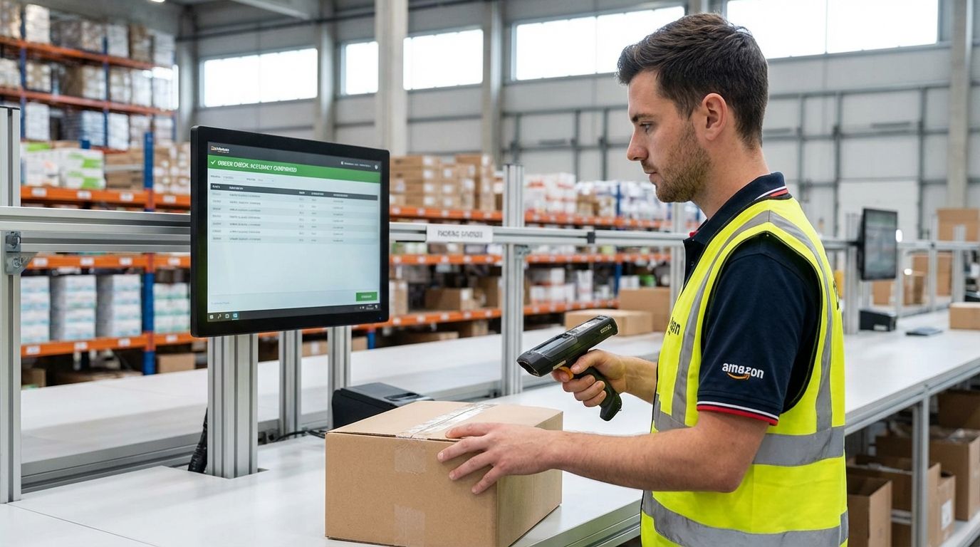 Warehouse worker scanning a picked item at a packing station to improve fulfillment accuracy