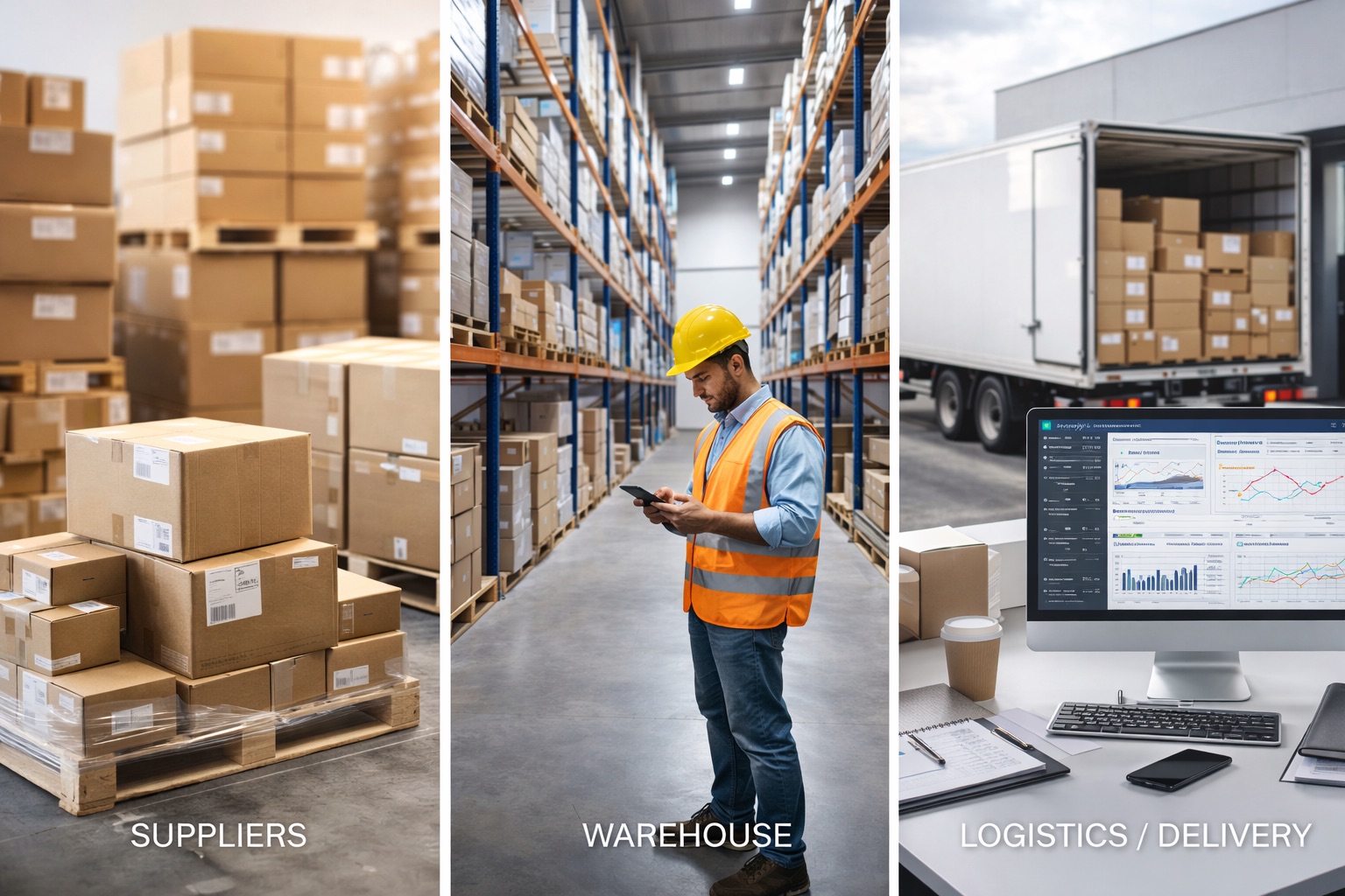 A split-scene image showing suppliers, warehouse operations, and logistics delivery