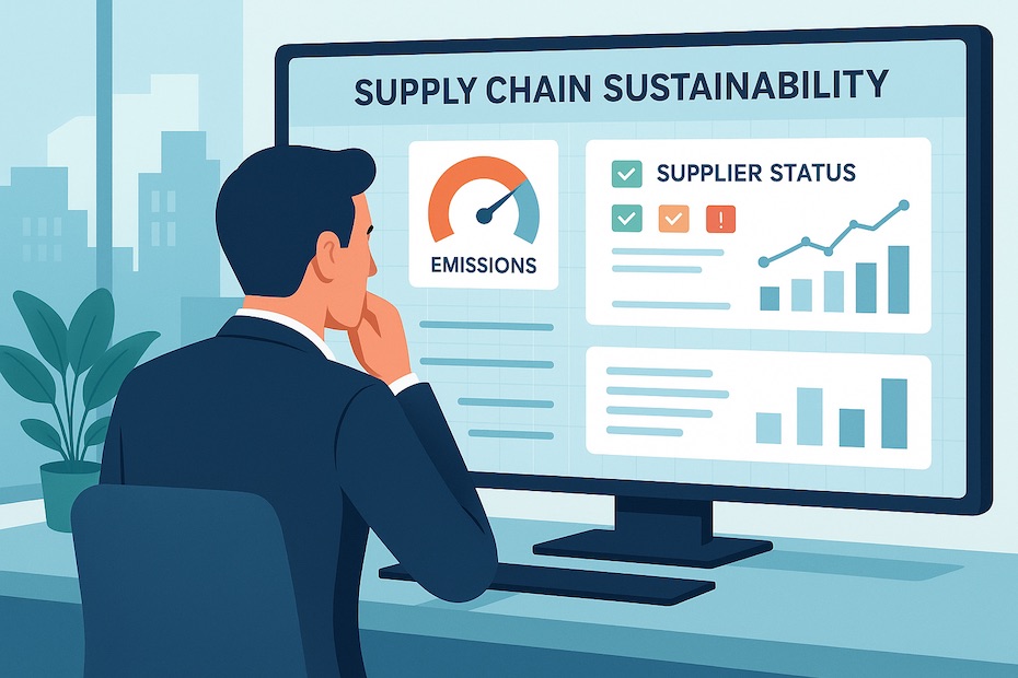 Executive using a digital dashboard to monitor supply chain sustainability metrics