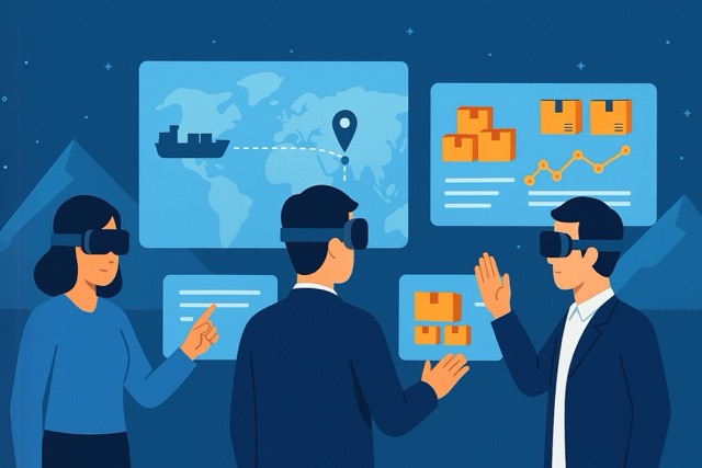 Supply chain professionals using digital twins and virtual dashboards in a metaverse environment