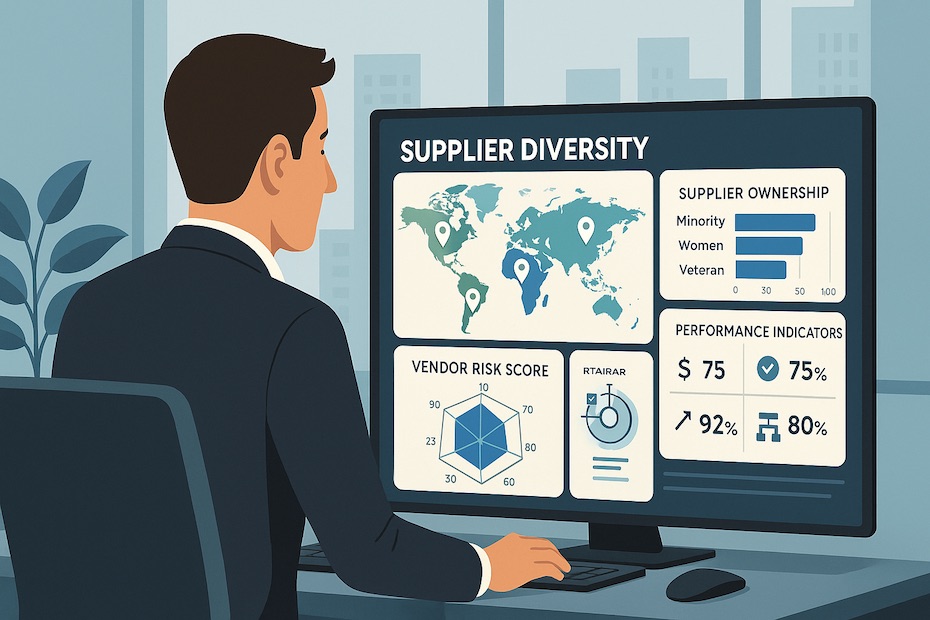 Executive reviewing supplier diversity metrics and network resilience on a digital dashboard