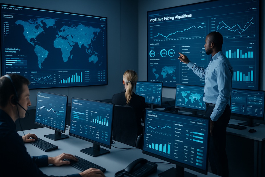 Freight broker using AI pricing dashboard in a digital control room