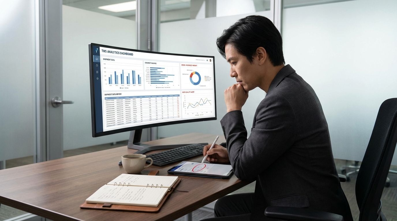 Logistics manager reviewing incorrect TMS dashboard data on a laptop in a transportation office
