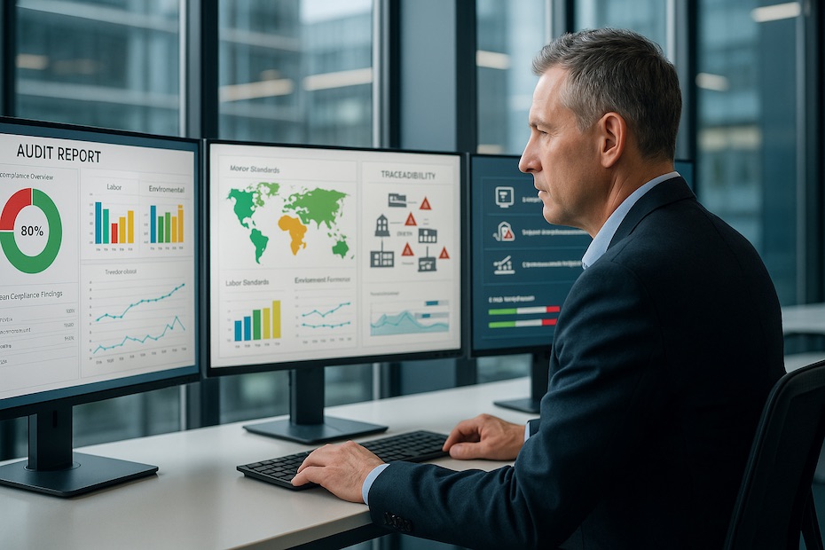 Sourcing director reviewing labor and environmental compliance metrics across international suppliers via a digital dashboard in a clean office space