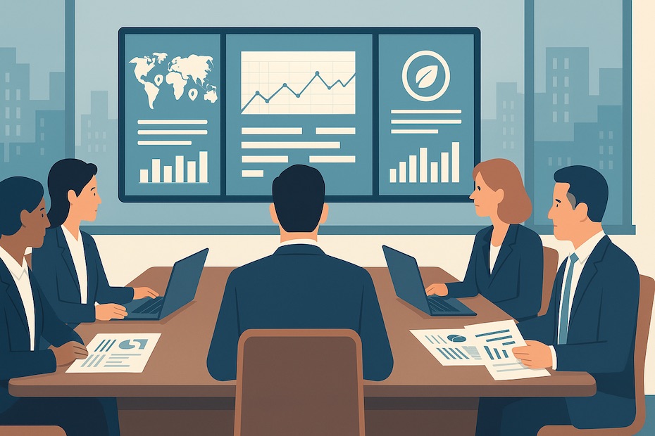 A professional meeting of supply chain managers reviewing digital dashboards and strategic reports.