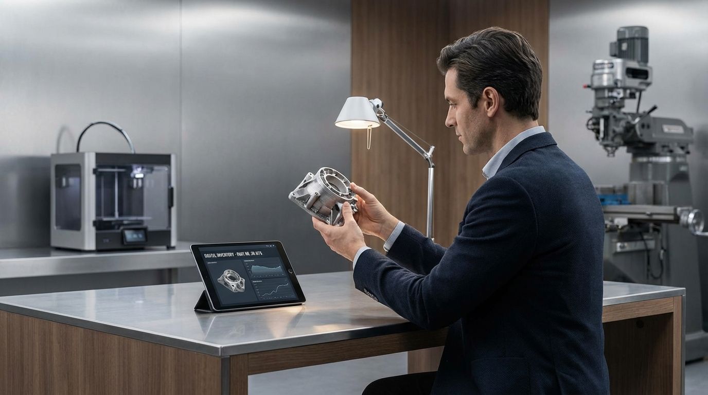 Supply chain manager reviewing a 3D-printed spare part beside a 3D printer in a warehouse setting