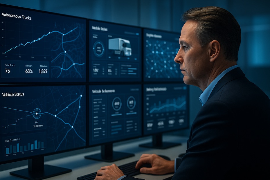 Logistics executive monitoring autonomous freight vehicle data in a digital control center.