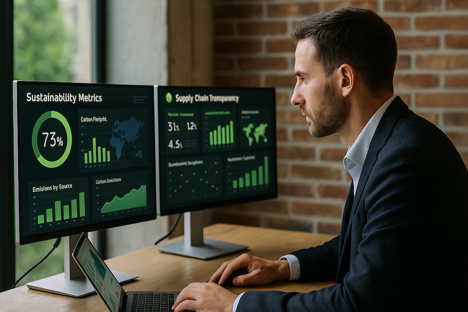 Investor reviewing emissions and sourcing data dashboards in a high-tech workspace