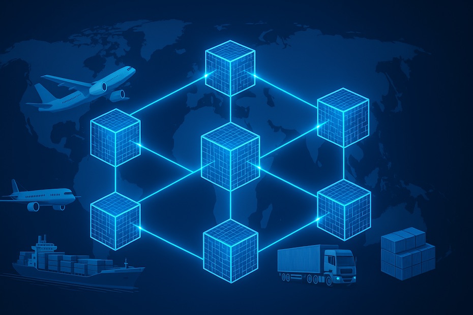 Blockchain-inspired global supply chain visualization showing secure data blocks connected to logistics assets.