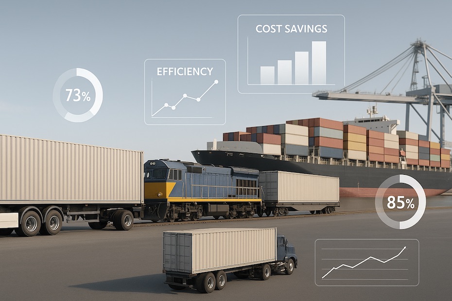 Trucks, trains, and ships connected by containerized freight routes with digital dashboards highlighting intermodal efficiency.