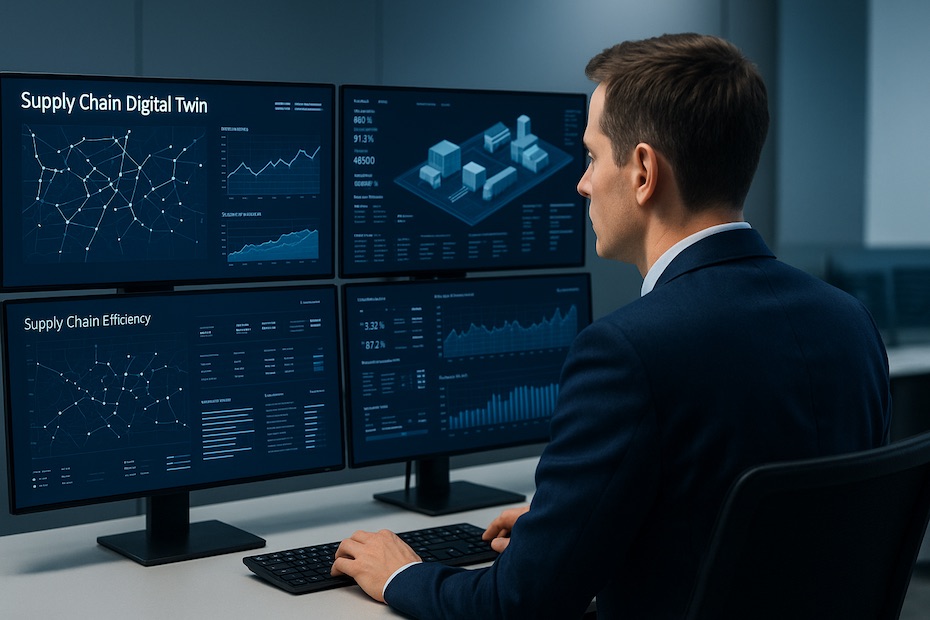 Supply chain analyst reviewing digital twin models on logistics dashboards in a modern control center.