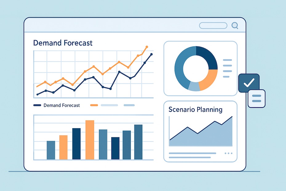 Digital dashboard of supply chain planning with forecasts, inventory, and demand analytics.