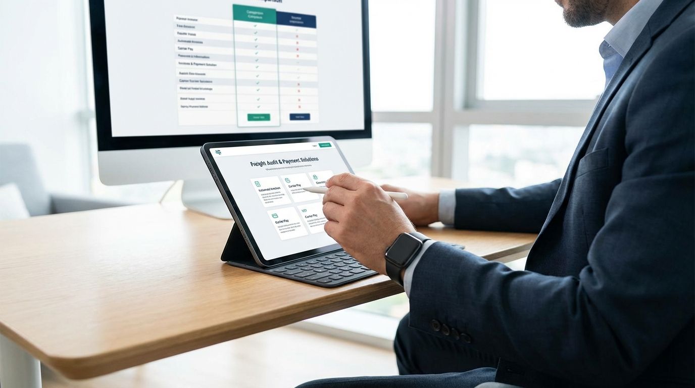 Logistics manager reviewing freight audit and payment software dashboards on a computer in a modern office