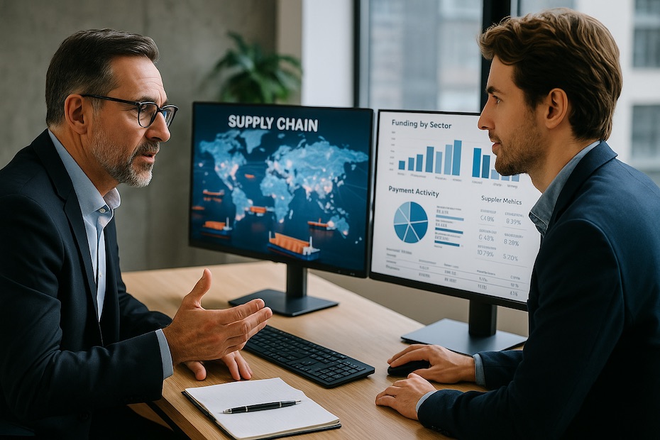 VC and logistics tech team reviewing funding data and supply chain platforms