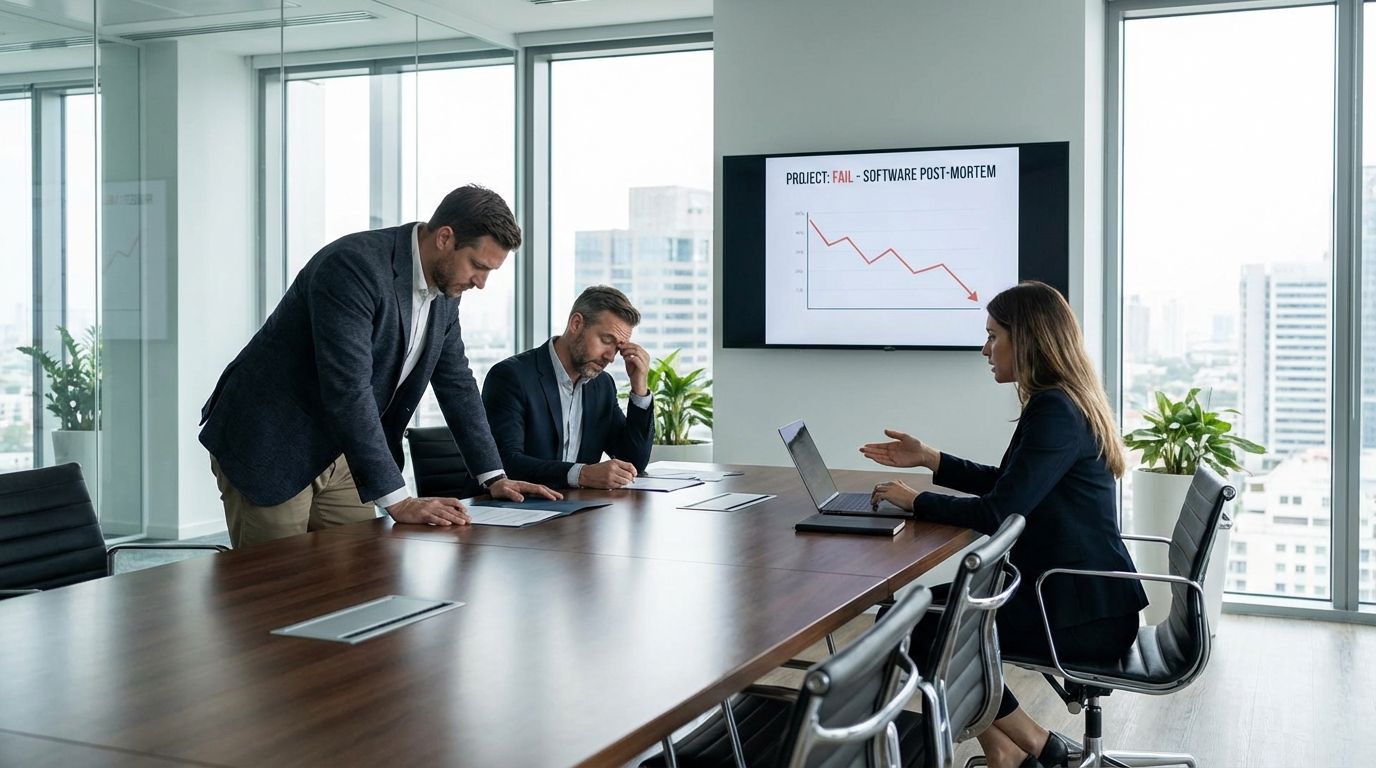 Supply chain team reviewing failed software implementation data and workflow issues in an office meeting