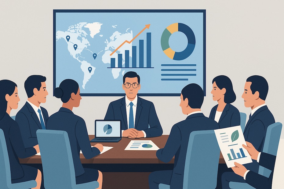 Executive boardroom with supply chain leaders analyzing global logistics and performance dashboards.