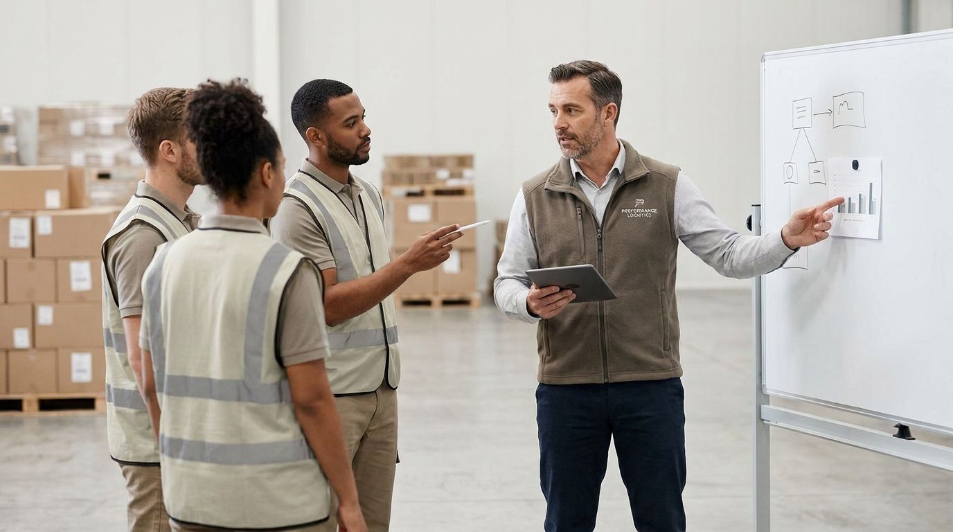Warehouse manager and workers reviewing inventory and workflow on a busy warehouse floor