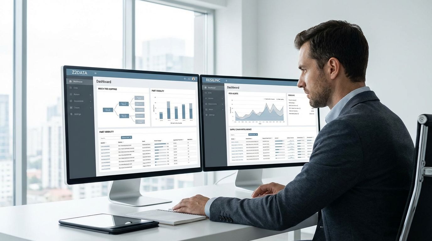 Side-by-side comparison dashboard for Z2Data vs Resilinc supply chain mapping tools showing supplier tiers, parts, and risk alerts